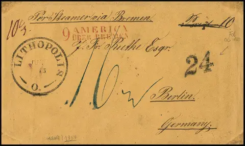 Transit, (1850), roter L2 "9 America über Bremen" auf beigem Couvert von Lithopolis/USA als Teilfranko über New York/Bremen nach Berlin, der Empfänger mußte…