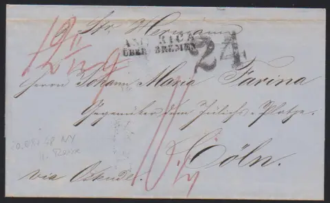 Transit, 1848, schwarzer L2 "America über Bremen" auf Brief aus New York nach Cöln, Gebrauchsspuren