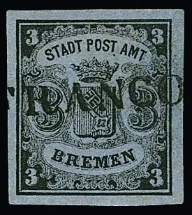 3 Gr. black/grey-blue, repaired but well-presenting copy with L1 "Franco", see photo exp. Heitmann. Mi. 750,-