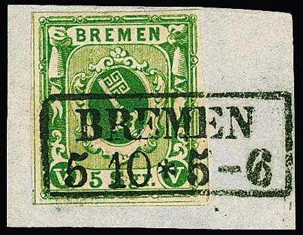 5 Sgr. mosgroen, kabinetstuk met scharnier (verwijderd voor onderzoek) op bijbehorend briefstuk met rechte Ra2 "Bremen", gesigneerd Dr. Fischer. Mi. 400,-