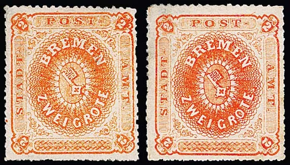 5 Gr. orange and dark orange on chalk paper each unused with defects, but visually good, especially No. 5d is rare unused (for this certificate Neumann). Mi. 1200,-