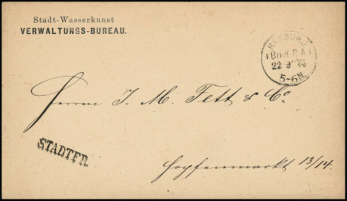 "Hamburg Brief P.A.", K1 van 22.9.74 en zeldzame L1 "STADTFR." op lokale envelop