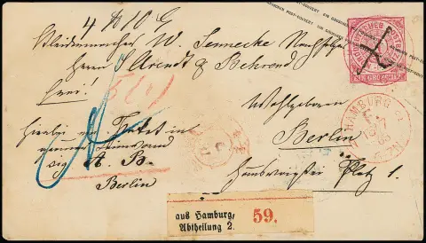 "Hamburg F.N.2", roter Franko-K1 als alleinige Entwertung auf NDP-Ganzsache 1 Gr. rosa (Gebrauchserhaltung, kl. Fleckchen und rs. Siegel entfernt), als…