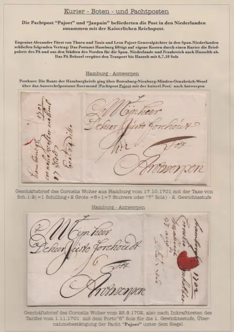 "Hamburg", 1701/1702, zwei frühe Briefe mit der Pachtpost Payot nach Antwerpen