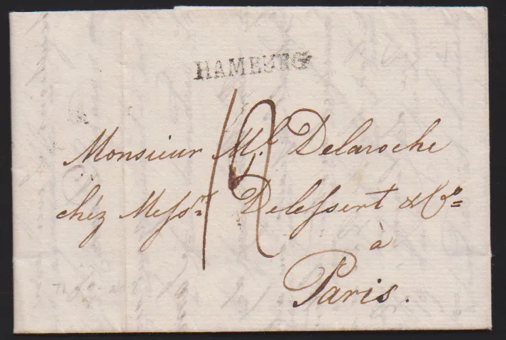 "Hamburg", 1778/1801/1803, różne L1 w tym "HAMBOURG" (na liście z Flensburga 1778) na trzech listach zagranicznych do Francji