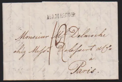 "Hamburg", 1778/1801/1803, versch. L1 inkl. "HAMBOURG" (auf Brief aus Flensburg 1778) auf drei Auslandsbriefen nach Frankreich