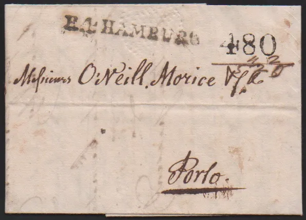 "Hamburg", 1801, L1 "R.4. HAMBOURG" op vroege brief naar Porto/Portugal, met belastingstempel "480"