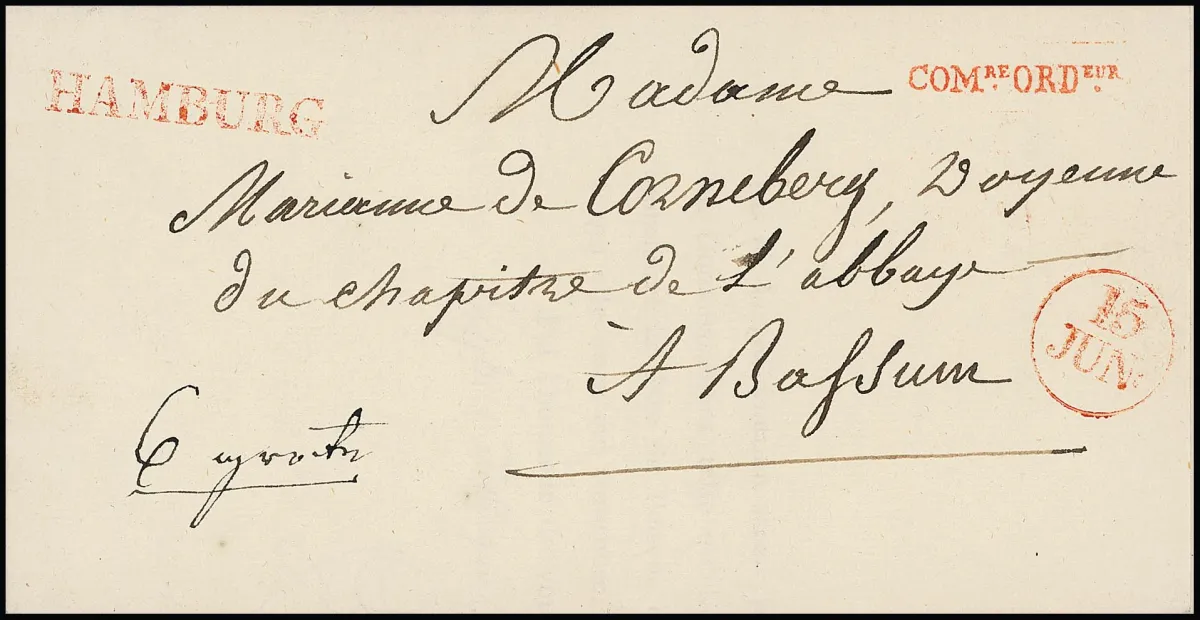 "Hamburg", 1814, 14.6., zeer zeldzame rode L1 met datum K1 en franchise L1 "COM.RE.ORD.EUR" op luxe brief naar Bassum