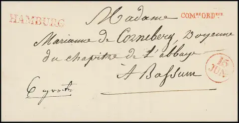 "Hamburg", 1814, 14.6., sehr seltener roter L1 nebst Datums-K1 und Franchise-L1 "COM.RE.ORD.EUR" auf Luxusbrief nach Bassum
