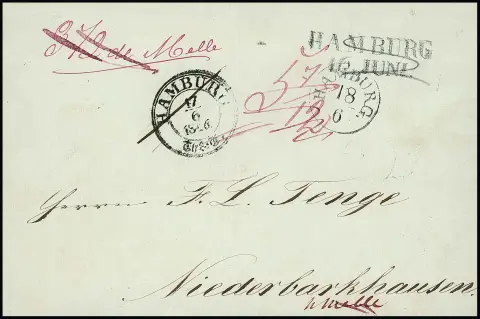 "Hamburg", 1846, hann. K1, preuß. L2 und Taxis-K3 zusammen auf interessantem Postwechselbrief nach Niederbarkhausen (bei Melle), der Empfangsort befand sich…