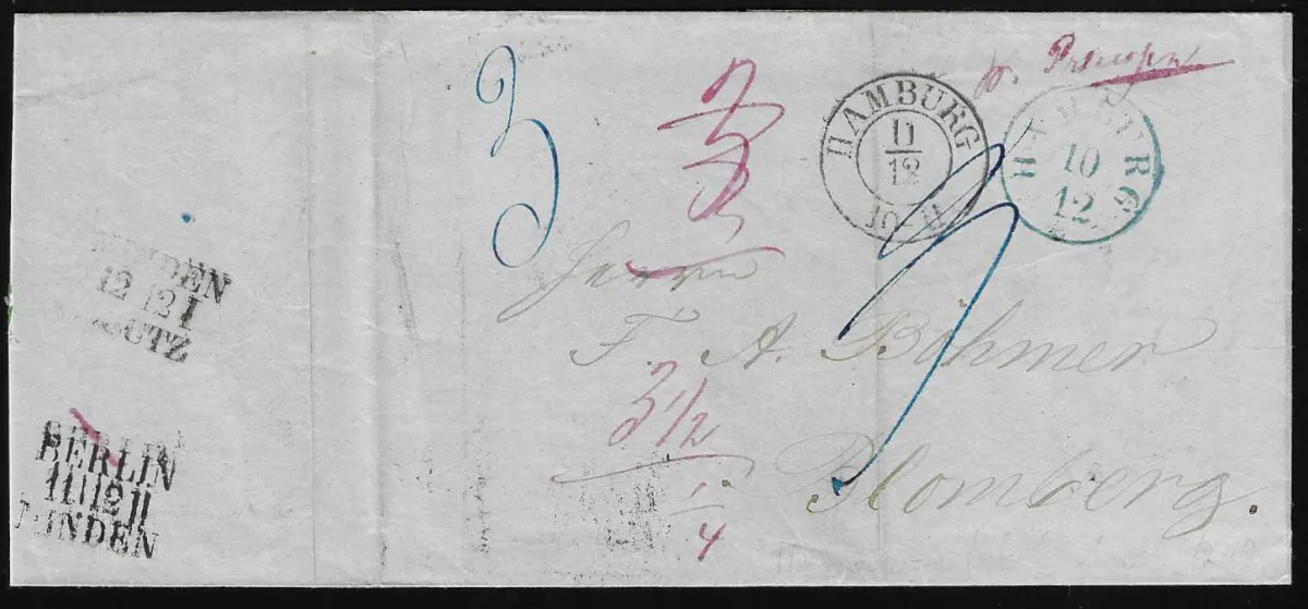 "Hamburg", 1852-1860 (approx.), blue K1 or K2 with Prussian K2 "Hamburg" and Taxis K1 "Hamburg Th. & T." on three interesting postal exchange letters