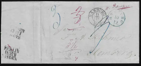 "Hamburg", 1852- 1860 (ca.), blauer K1 bzw. K2 nebst preuß. K2 "Hamburg" und Taxis-K1 "Hamburg Th. & T." auf drei interessanten Postwechselbriefen