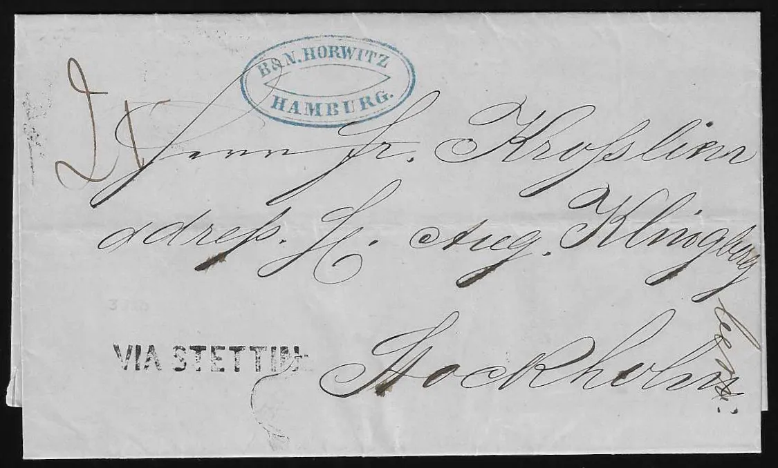 "Hamburg", 1856, rs. schwarzer K2 des schwed. Postamtes, vs. nur L1 "Via Stettin", auf Brief nach Stockholm, dazu zweiter Brief mit rs. schwed. K2 von Hamburg…