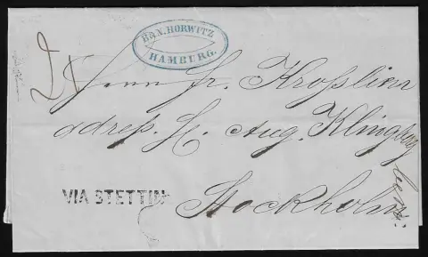 "Hamburg", 1856, rs. schwarzer K2 des schwed. Postamtes, vs. nur L1 "Via Stettin", auf Brief nach Stockholm, dazu zweiter Brief mit rs. schwed. K2 von Hamburg…