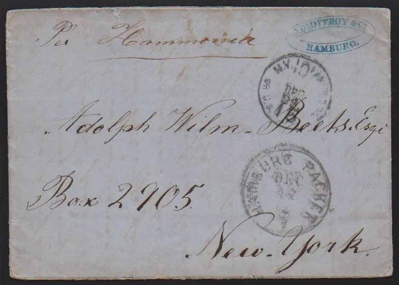 "Hamburg", 1862, ovaalstempel en belastingstempel "10", evenals "Hamburg Packet", K1 1861, op twee scheepsbrieven, beide "p. Hammonia", naar New York