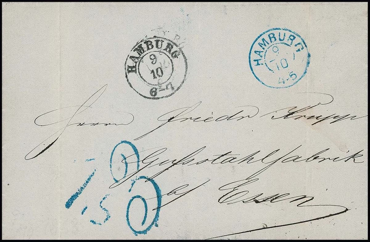 "Hamburg", 1863, K2 bleu avec K2 prussien noir ainsi que cachet de taxe hanovrien "1,5" et cachet de taxe prussien "3" sur lettre (plis) à Friedrich Krupp à Essen…