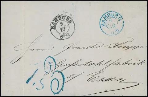 "Hamburg", 1863, blauer K2 nebst schwarzem preuß. K2 sowie hann. Taxstempel "1,5" und preuß. Taxstempel "3" auf Brief (Falten) an Friedrich Krupp in Essen…