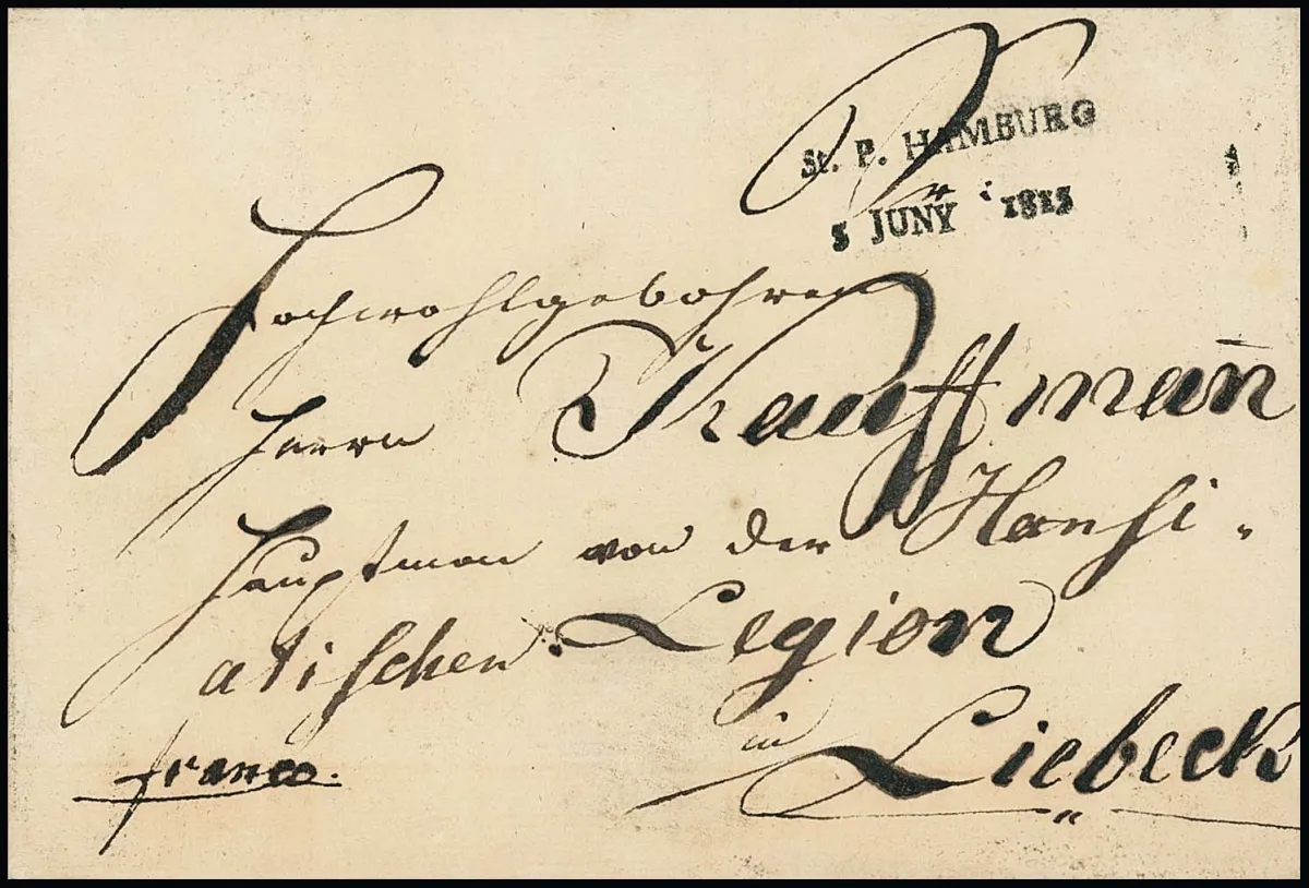 "St. P. HAMBURG", 1815, zeldzame kleine L2 duidelijk, evenals L2 in groot type 1821, op twee brieven naar Lübeck, Feuser 1349-36, -38, 500,-