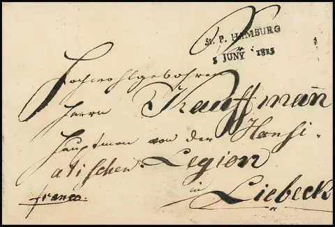 "St. P. HAMBURG", 1815, seltener kleiner L2 klar, sowie L2 in großer Type 1821, auf zwei Briefen nach Lübeck, Feuser 1349-36, -38, 500,-