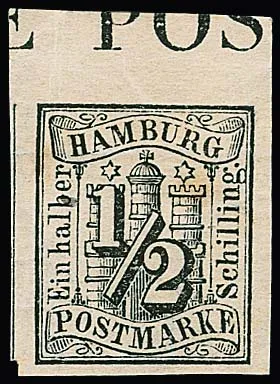 1/2 Sch. schwarz, zwei ungebrauchte Exemplare, einmal vom Oberrand mit Teil der Randinschrift