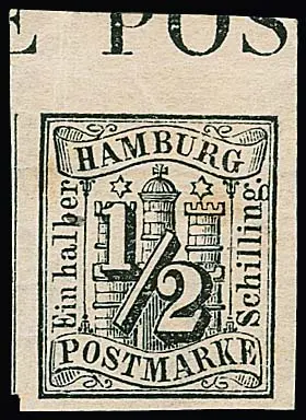 1/2 Sch. schwarz, zwei ungebrauchte Exemplare, einmal vom Oberrand mit Teil der Randinschrift
