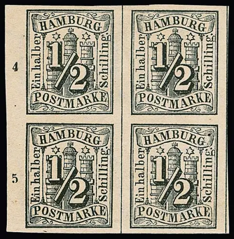 1/2 Sch. schwarz, breitrandiger ungebrauchter Viererblock vom linken Bogenrand mit Reihenzahlen "4" und "5". Unteres Paar ein Wert kleine Pore bzw.…