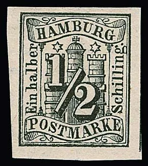 1/2 Sch. schwarz, 1 Sch. braun, 2 Sch. rot, 3 Sch. preußischblau und 7 Sch. rotorange je breitrandig ungebraucht mit Gummi. Mi. 650,-
