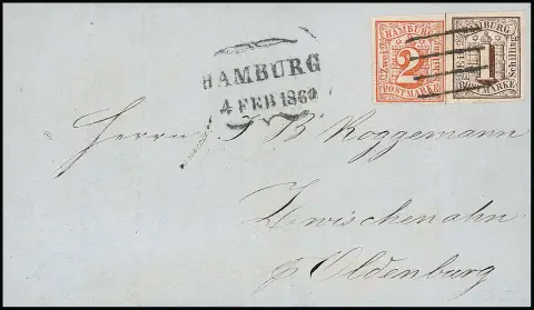 1 Sch. brun, larges marges, avec 2 Sch. rouge, ce dernier avec pli peu visible lissé, sur lettre propre et bien oblitérée de Hambourg 1860 à Zwischenahn…