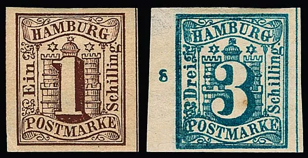 1 Sch. bruin, 3 Sch. Pruisisch blauw (van linker velrand met rijnummer "8"), breedgerande ongebruikte kabinetstukken, Mi. 260,- +