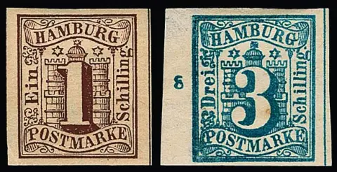 1 Sch. brun, 3 Sch. bleu prussien (du bord gauche de feuille avec numéro de rangée "8"), pièces de cabinet non oblitérées à larges marges, Mi. 260,- +