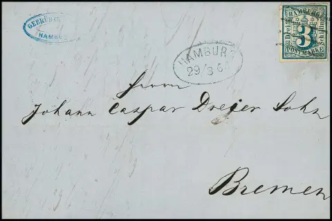 3 Sch. bleu prussien, pleine marge tout autour, petite fente en haut à gauche, sur lettre pliée de Hambourg 1864 à Brême, sign. Löhden. Mi. 1400,-