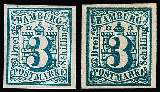 3 Sch. Pruisisch en donker Pruisisch blauw, twee ongebruikte kabinetstukken in sterk verschillende nuances, Mi. 260,- +