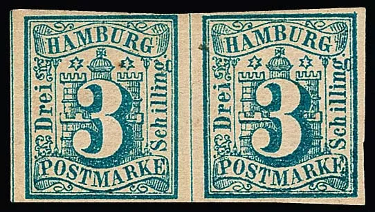 3 Sch. błękit pruski, rzadka para nieużywana z oryginalną gumą, małe naturalne wtrącenia papieru, Mi. 1200,-
