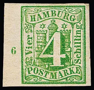 4 Sch. vert jaunâtre, pièce de choix non oblitérée du bord gauche de feuille (n° de rangée "6") avec particularité "sans filigrane", signé Engel