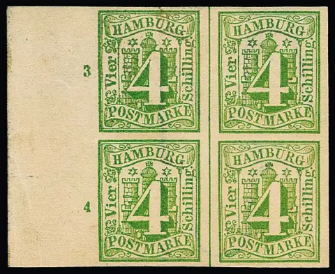 4 Sch. vert jaune, bloc de quatre non oblitéré à grandes marges du bord gauche de feuille avec gomme originale (adhérences) et numéros de rangée "3" et "4", Mi. 600,- +