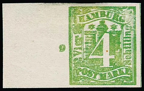 4 Sch. vert bleuâtre, double impression, exemplaire non oblitéré en nuance claire des stocks restants avec large bord gauche de feuille, numéro de rangée "9", petit point de papier au centre