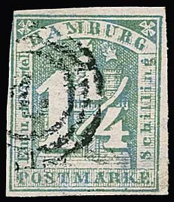 1 1/4 Sch. gris-vert, seulement légèrement touché en haut à gauche, sinon bon, avec variété "étoile gauche manquante". De ce timbre il existe au total peut-être six exemplaires non oblitérés, ceci est le premier exemplaire oblitéré que je vois. Mi. 3000,-
