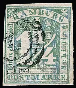 1 1/4 Sch. gris-vert, seulement légèrement touché en haut à gauche, sinon bon, avec variété "étoile gauche manquante". De ce timbre il existe au total peut-être six exemplaires non oblitérés, ceci est le premier exemplaire oblitéré que je vois. Mi. 3000,-
