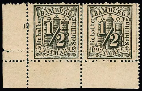 1/2 Sch. noir en paire non oblitérée du coin inférieur gauche de la feuille avec double dentelure rare (celle-ci soutenue au verso)