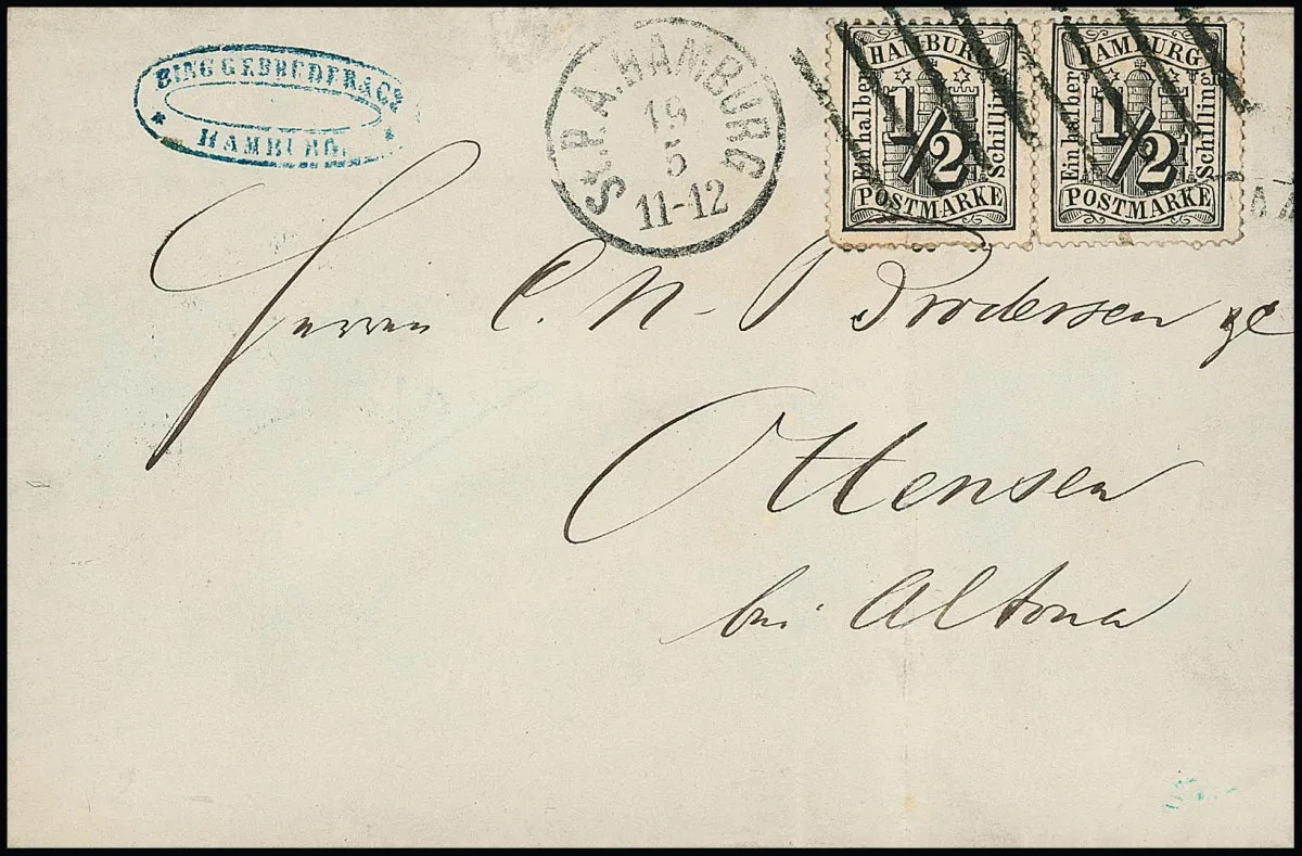 Two letters each to Altona from the postage period from 9.9.1864: one single franking 1/2 Sch. black (slight patina) from 21.6.1865, and a pair 1/2 Sch. black (left stamp not perfect) to Ottensen in the rural district of Altona, where the rural delivery fee is evidently already prepaid (1/2 Sch. regular postage plus 1/2 Sch. for rural delivery). A double postage does not apply, as the special postage from Hamburg to Altona of 1/2