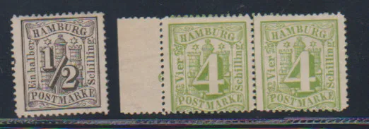 1/2 Sch. black single without watermark, as well as marginal pairs 4 Sch. yellow-green and 9 Sch. yellow-orange, furthermore another pair 9 Sch. yellow-orange (one stamp natural paper inclusion), here also one stamp without watermark