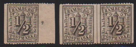 1/2 Sch. black in pair as well as right margin piece, each with variety "imperforate vertically" (somewhat gum-stained)