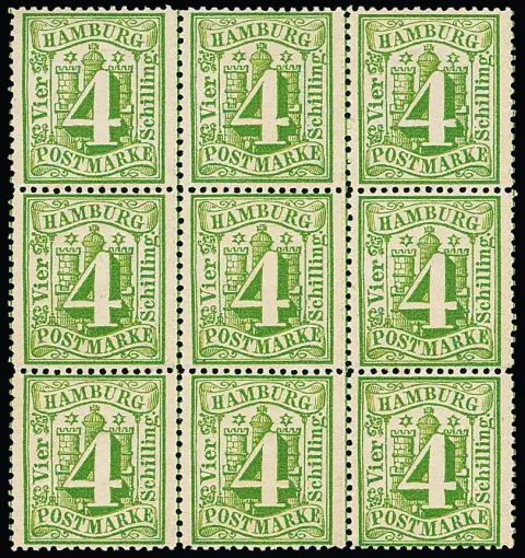 Unités non oblitérées de l'émission dentelée, partiellement de marge : 1/2 Sch. noir, 1 Sch. brun et 2 Sch. rouge, total trois blocs de quatre de marge, 3 Sch. gris-bleu…