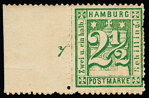 2 1/2 Sch. bleuâtre et jaune-vert chacun non oblitéré, ces derniers du bord avec numéro de rangée "7"
