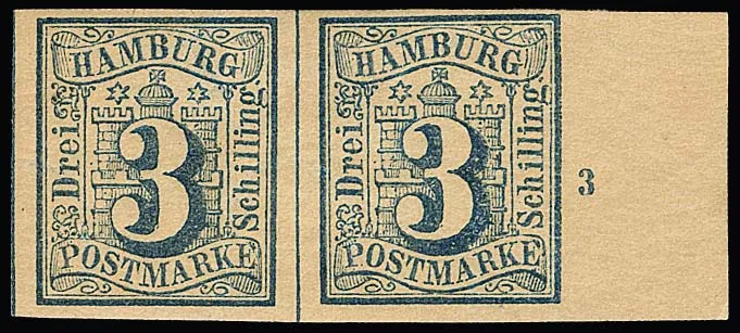 3 Sch. ultramarine single unused, as well as ultramarine blue in marginal pair with row number "3", this one with gum, both from the imperforate remainders