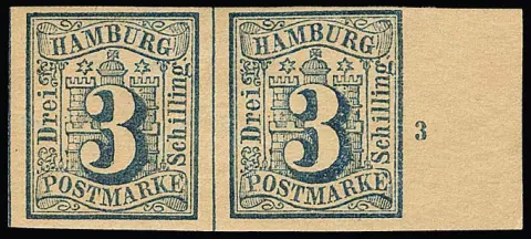 3 Sch. outremer à l'unité non oblitéré, ainsi qu'outremer-bleu en paire de marge avec numéro de rangée "3", celle-ci avec gomme, les deux des restes non dentelés
