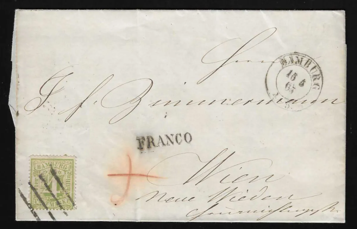 4 Sch. jaune-vert sur lettre de cabinet de Hambourg 1865 pour Vienne
