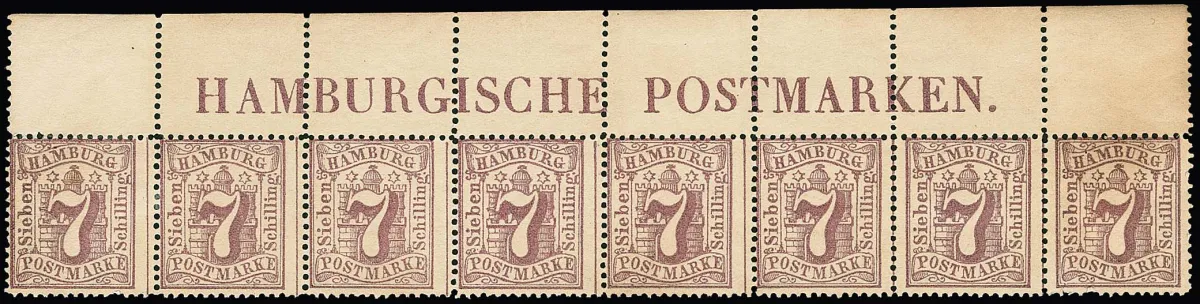 7 Sch. paars, ongebruikte bovenrandstrook van acht met randinscriptie "HAMBURGISCHE POSTMARKEN", en drie blokken van vier, deels met gom