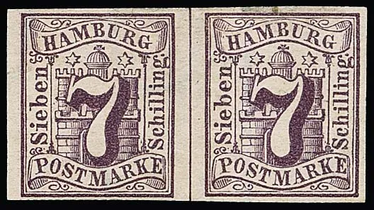 7 Sch. lilas, paire non dentelée non oblitérée