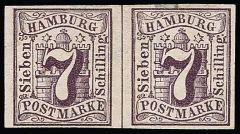 7 Sch. lilas, paire non dentelée non oblitérée